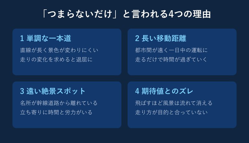 北海道ツーリングがつまらないと言われる4つの理由のまとめ図