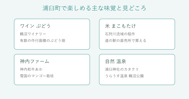 浦臼町の味覚と見どころを4分野で整理した図