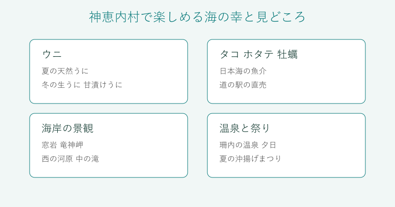 神恵内村の海の幸と見どころを4分野で整理した図