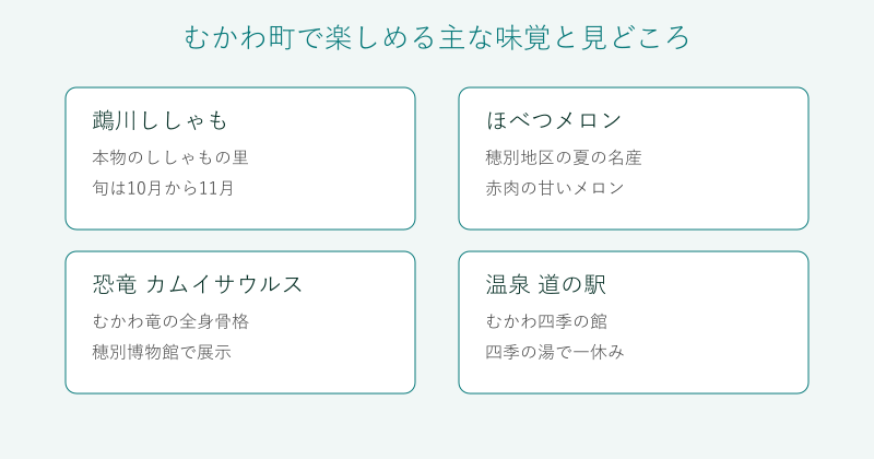 むかわ町の味覚と見どころを4分野で整理した図