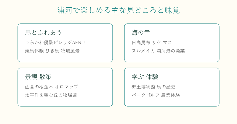 浦河町の見どころと味覚を4分野で整理した図