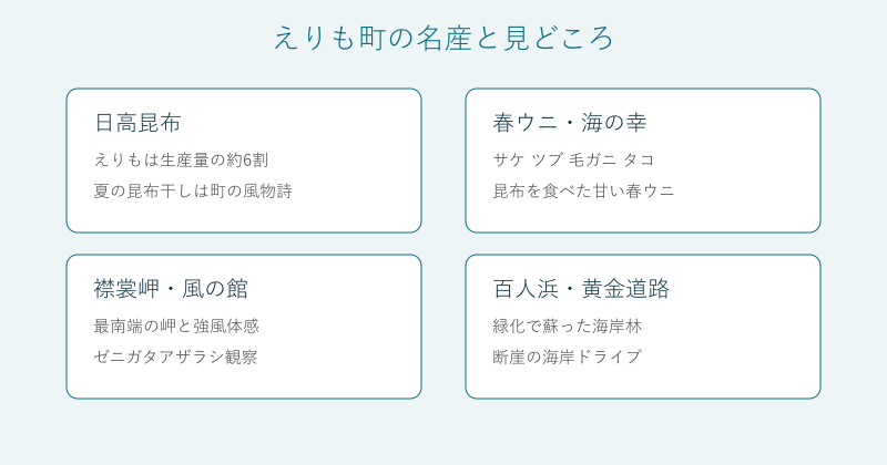 えりも町の名産と見どころを昆布・海の幸・岬・海岸の4分野で整理した図