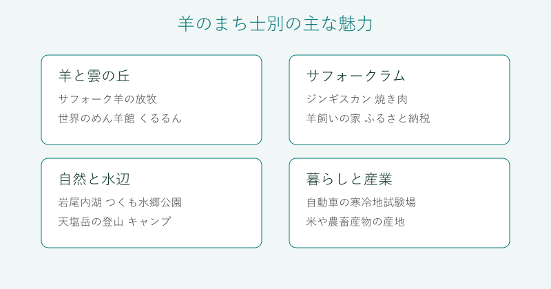 士別市の魅力を羊と雲の丘やサフォークラムなど4分野で整理した図