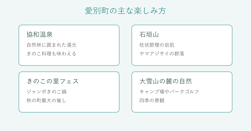 愛別町の協和温泉や石垣山などの楽しみ方を整理した図