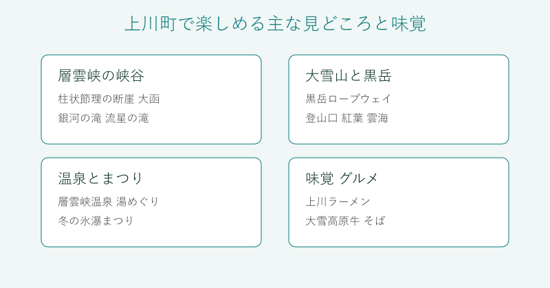 上川町の見どころと味覚を4分野で整理した図