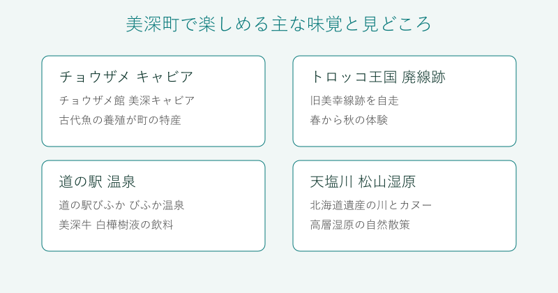 美深町の味覚と見どころを4分野で整理した図 美深町の味覚と見どころを4分野で整理した図