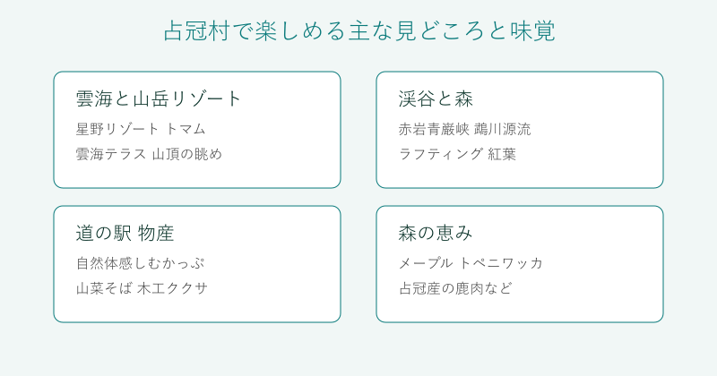 占冠村の見どころと味覚を4分野で整理した図