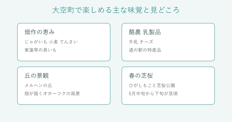 大空町の味覚と見どころを4分野で整理した図
