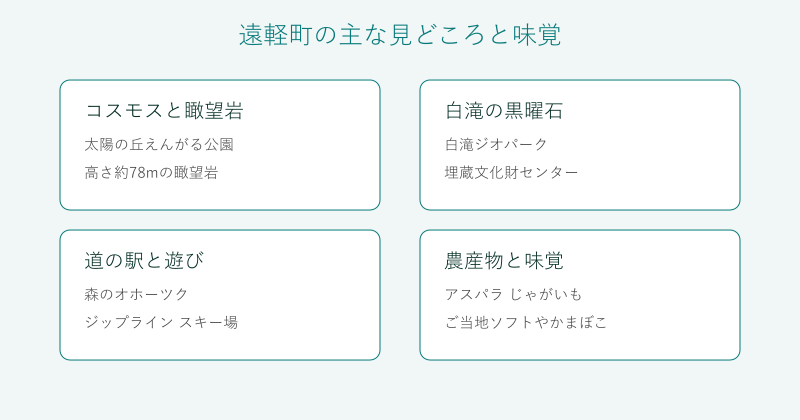 遠軽町の見どころと味覚を4分野で整理した図