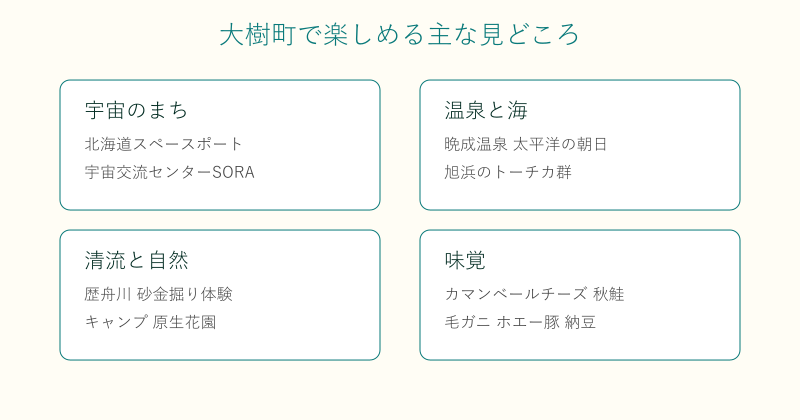 大樹町の見どころと味覚を4分野で整理した図