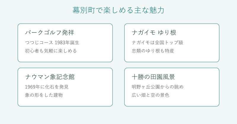 幕別町の魅力を4分野で整理した図