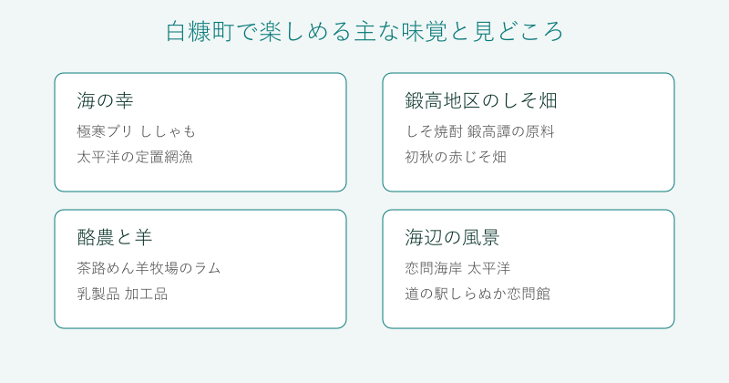 白糠町の味覚と見どころを4分野で整理した図